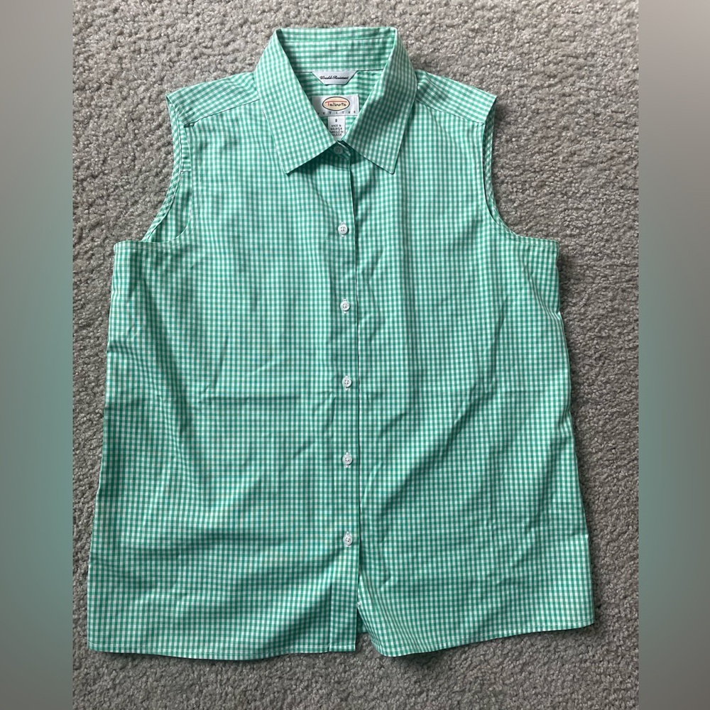 Talbots Sleeveless Button Up Green Gingham Shirt Blouse Petite 8